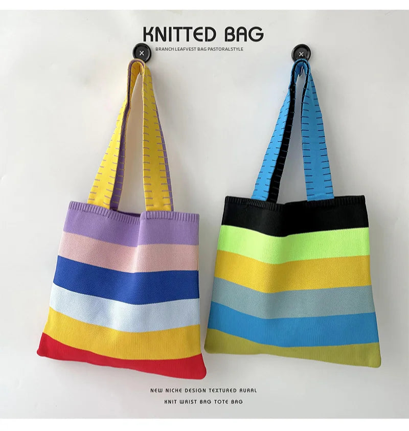 spring summer rainbow knitted large capacity tote bag versatile single shoulder bag street commuting women medium open dacron