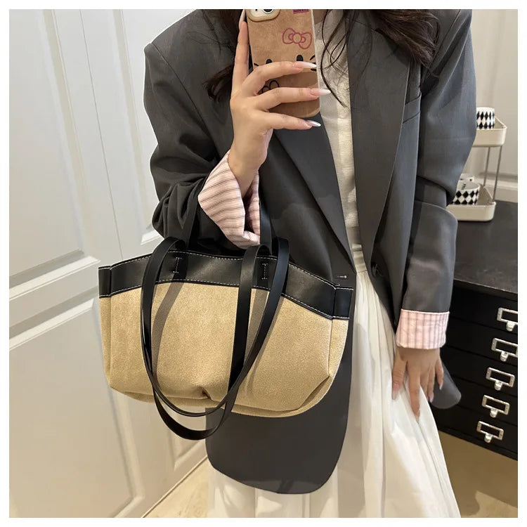 retro large capacity shopping bag tote bag single shoulder bag handbag simple design casual travel bucket shape magnetic buckle